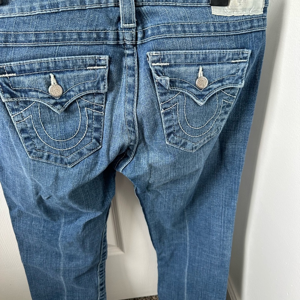 True Religion Women's Straight Leg Blue Jeans With Glitter Button Accents